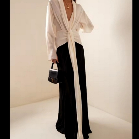 Dresses & Skirts - Dress Deep V-neck Long Sleeve Loose Fit Party Dresses Contrast Color Wrap Dress